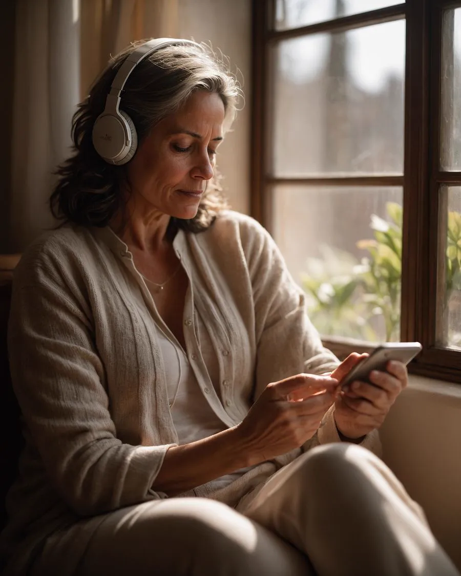 Mujer escuchando la Serie de Audios de Apertura del Método Reina Reynold con auriculares conectados al celular